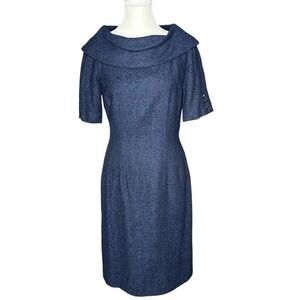 Tahari Arthur S Levine‎ Navy Blue Tweed Cowl Neck Sheath Dress Silk Wool Size 4